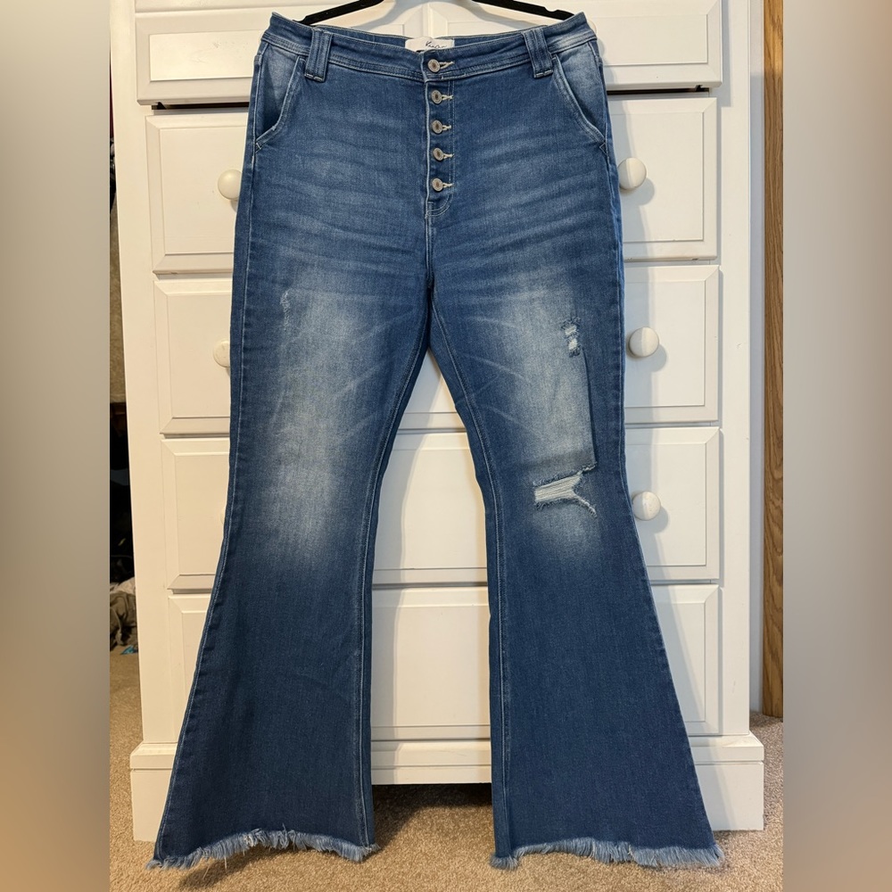 KanCan Button Fly Distressed Trouser Flare Jeans 13/30